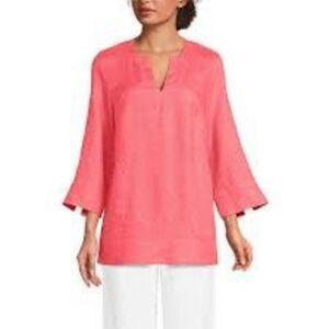 Lands End Linen Blend Top Tunic Sz 1X 3/4 Sleeve Pockets Notch Neck Red